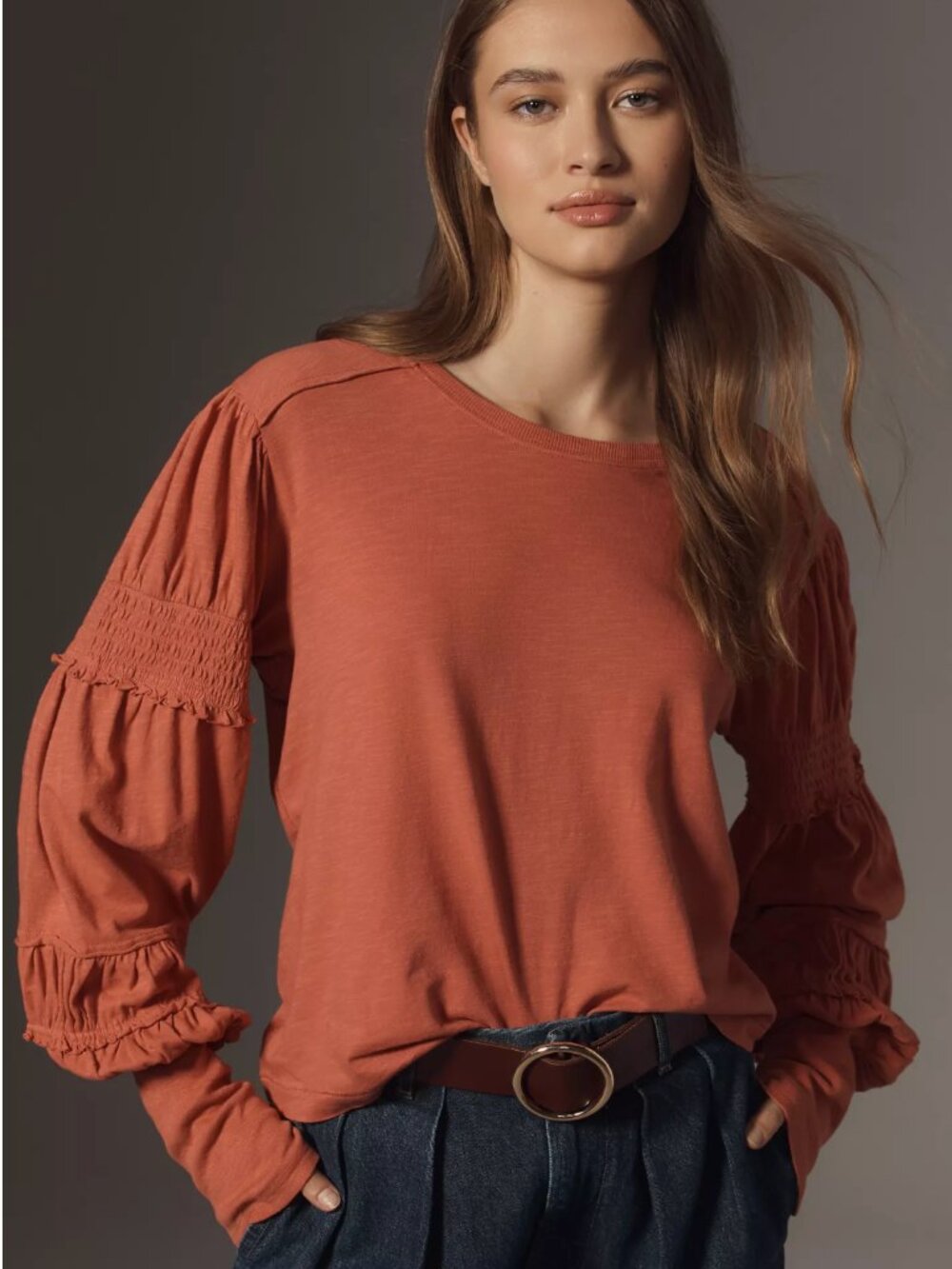 Anthropologie Pilcro Crew-Neck Ruched & Smocked-Sleeve Top | Size Small